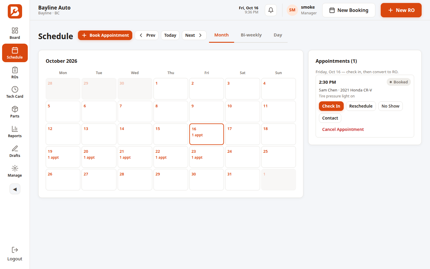Real Bayline schedule: appointments with check in, reschedule and no-show controls