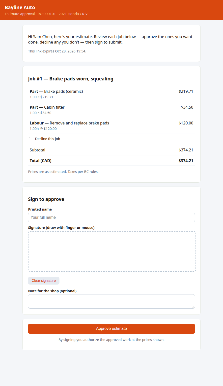Real Bayline estimate approval page: line items with a decline checkbox, signature pad and approve button