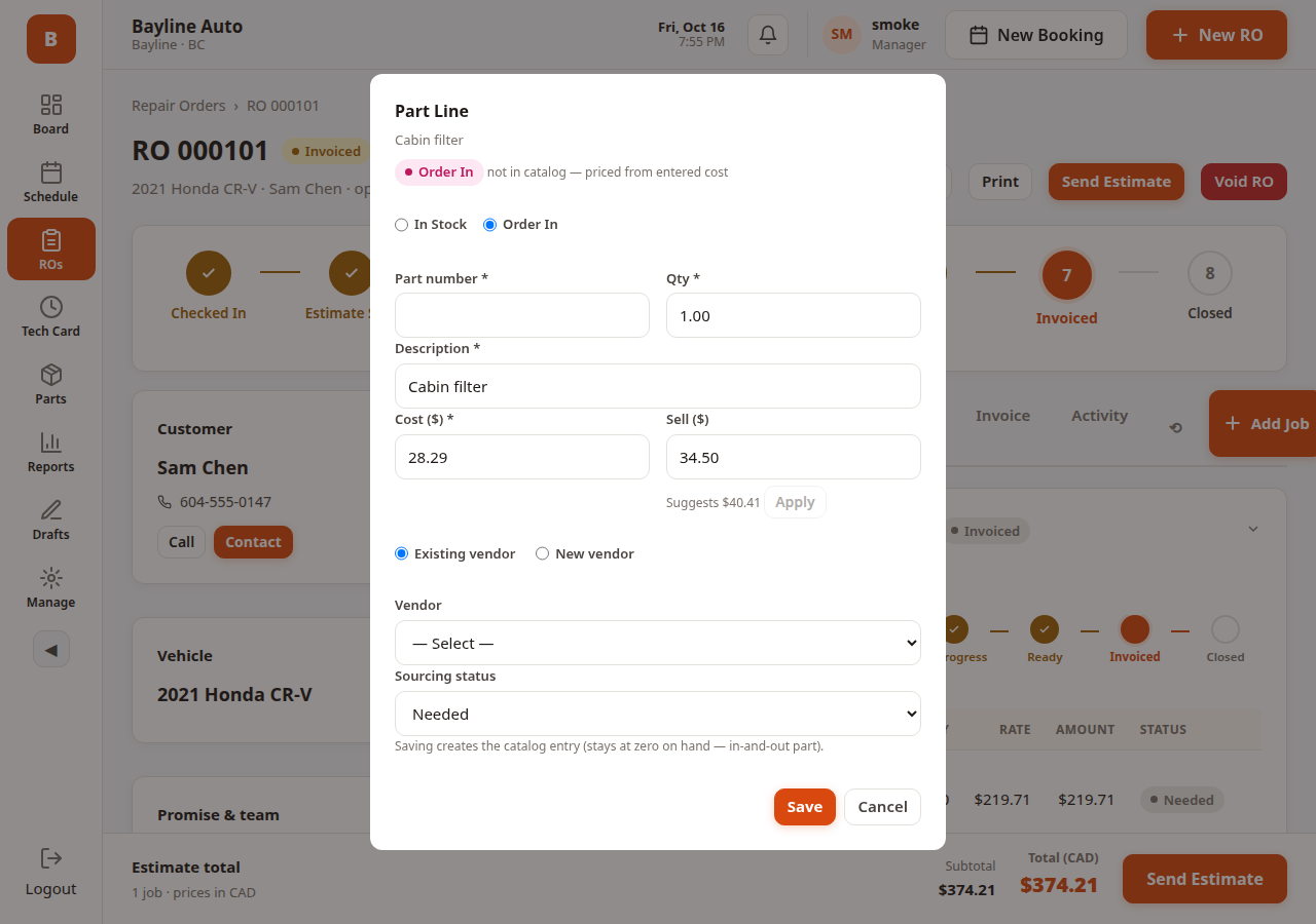 Real Bayline part editor: cost, sell price and the GP-based sell suggestion
