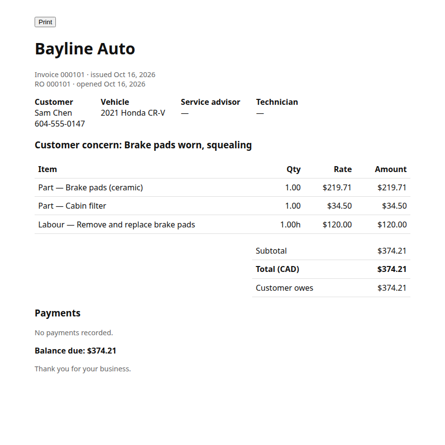 Real Bayline invoice: line items, taxes, totals and balance due